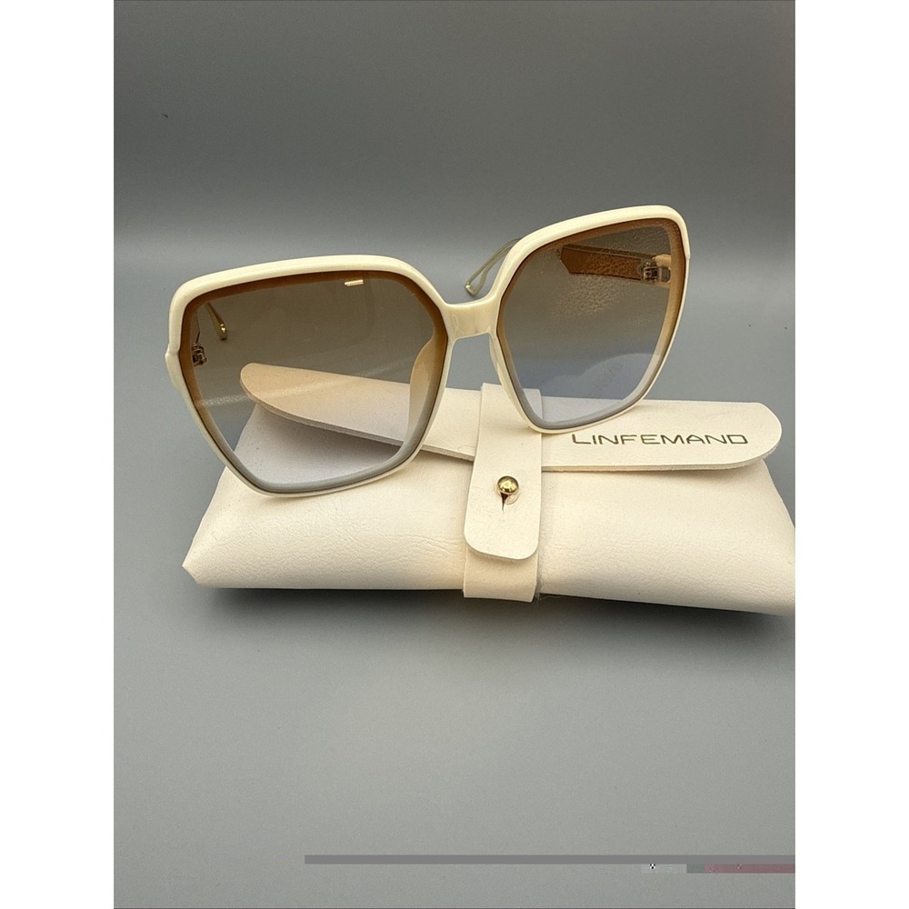 LINFEMAND Authentic Geometric Cream/Gold Frame Sunglasses Gradient Lens & Case